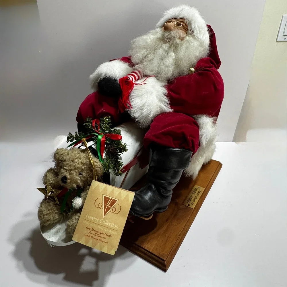 Lynda Hawley Downhill Sledding Santa Figurine Wood Base Large Vtg Puppy Mailbox